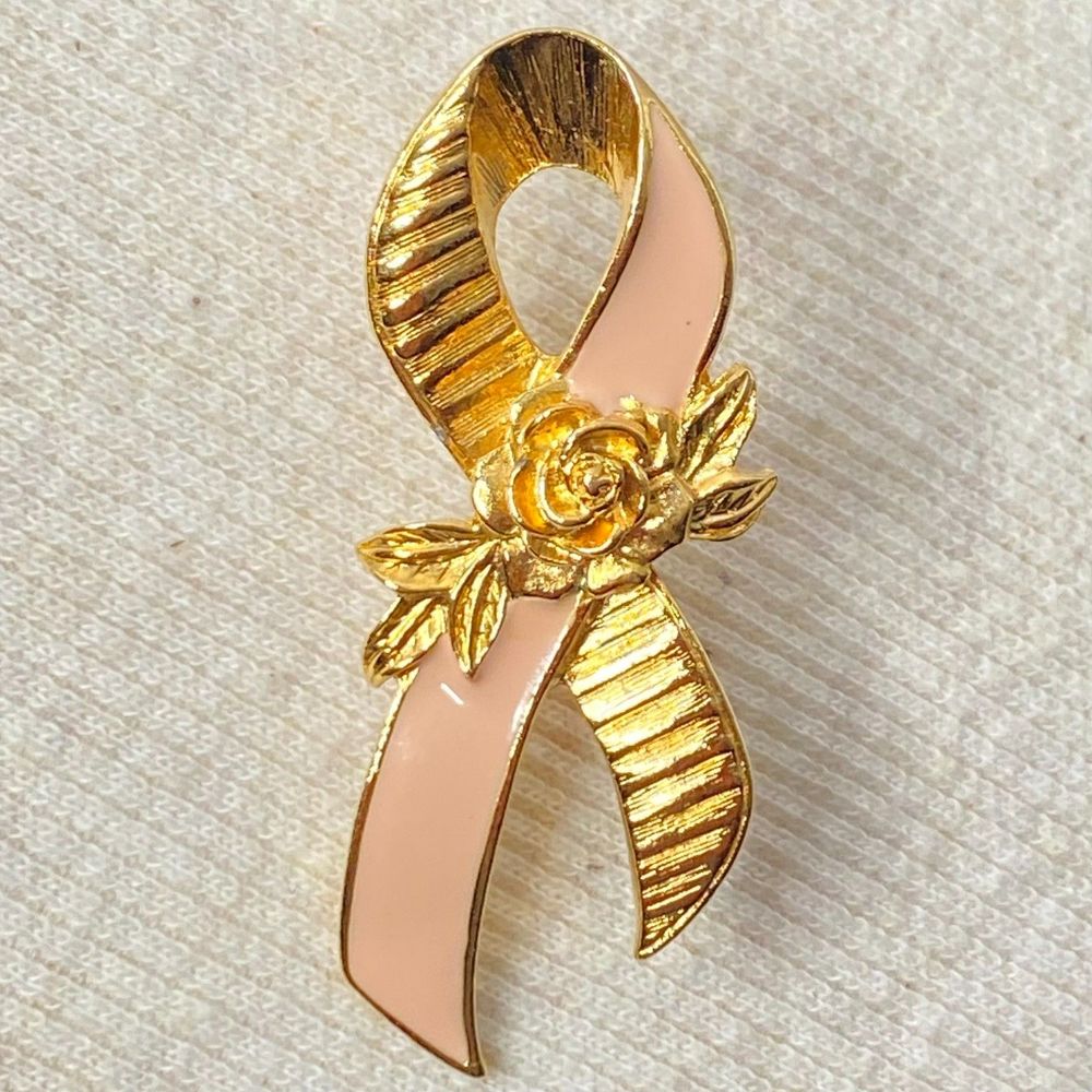 💎Avon Signed Breast Cancer Awareness Pink Ribbon Gold Tone Rose Pin